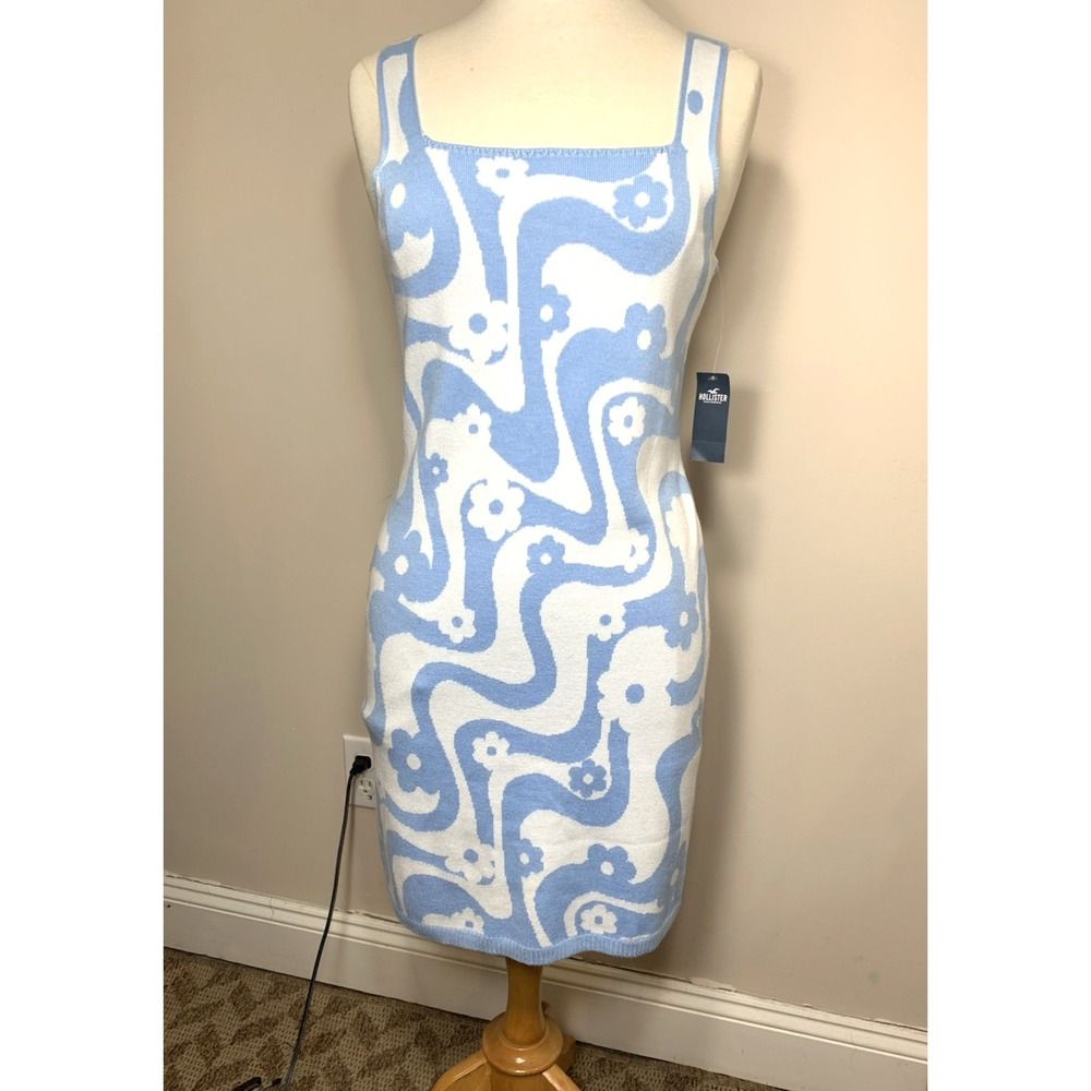 NEW Hollister Knit Dress Womens Juniors Large Blue White Print Bodycon